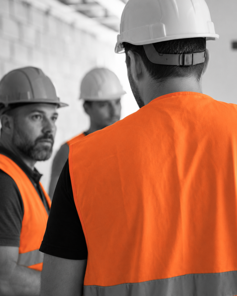 Close-up of a Relay Labour worker in hi-vis on site