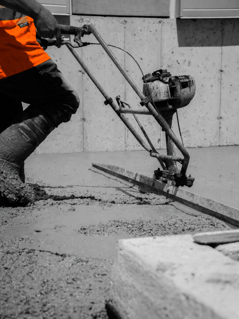 Close-up of a Relay Labour worker's gloved hands operating a concrete screed