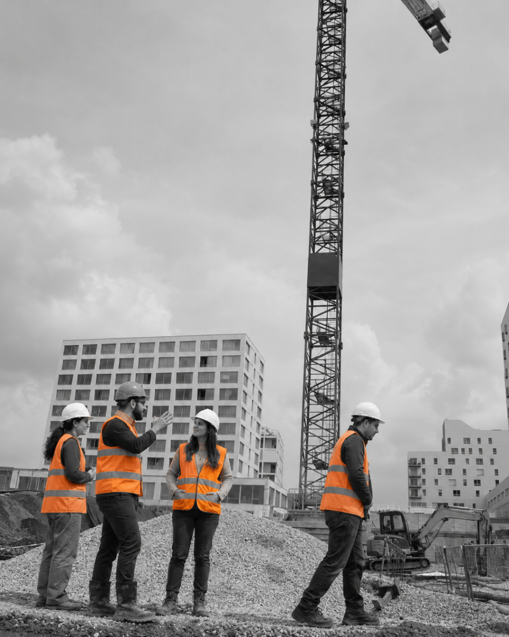 Crew on a public works site near cranes and buildings