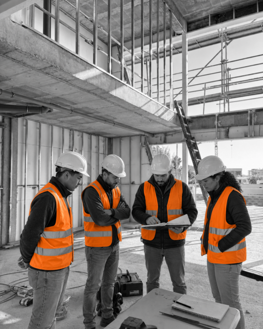 Crew reviewing plans on a Melbourne site